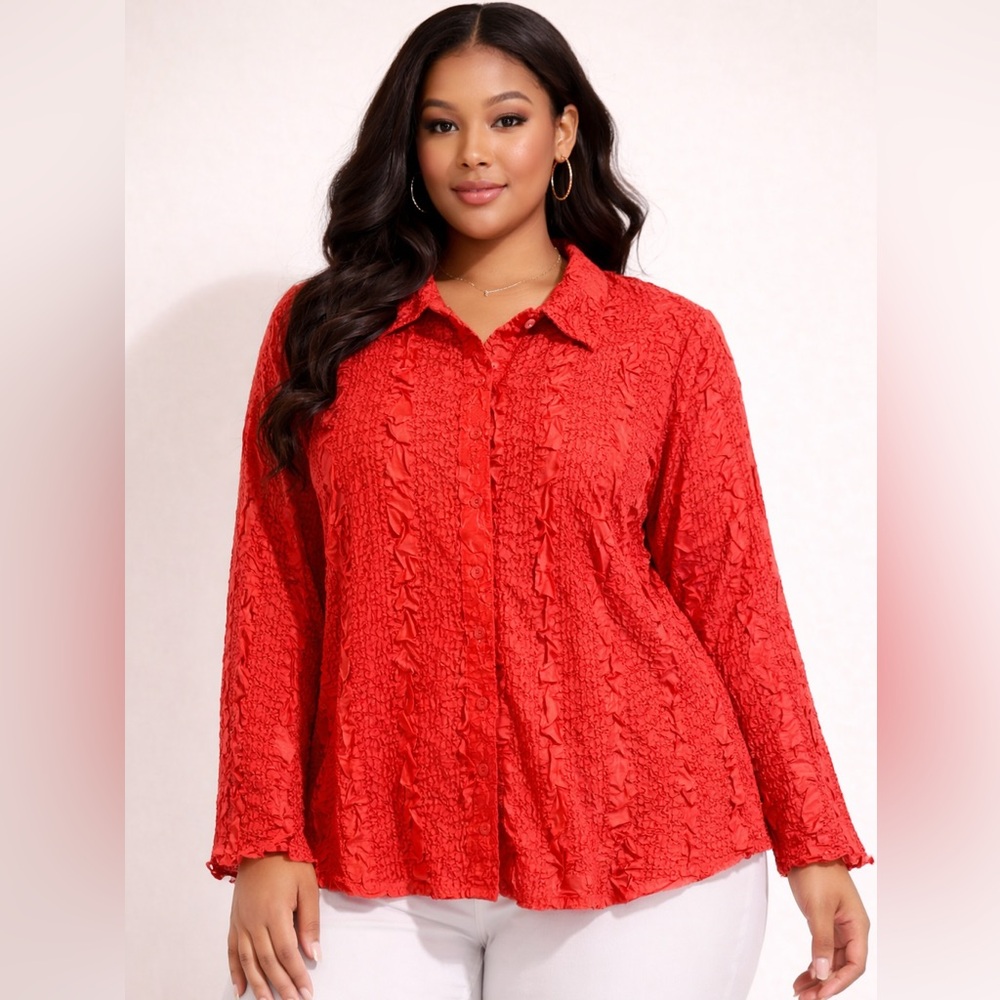 Coldwater Creek Coral Red Crinkle Blouse Medium Textured Button Front Top Women